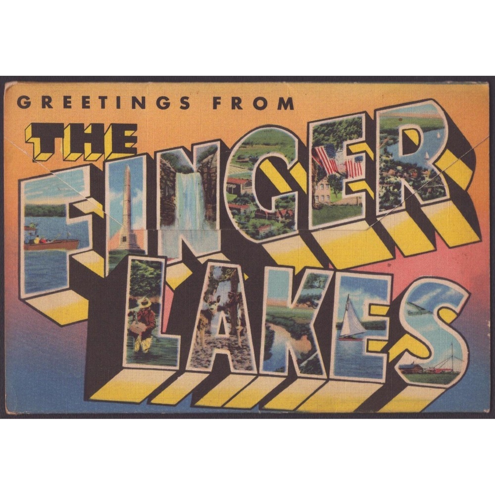 Greetings From The Finger Lakes New York NY Large Letter Linen Postcard Folder